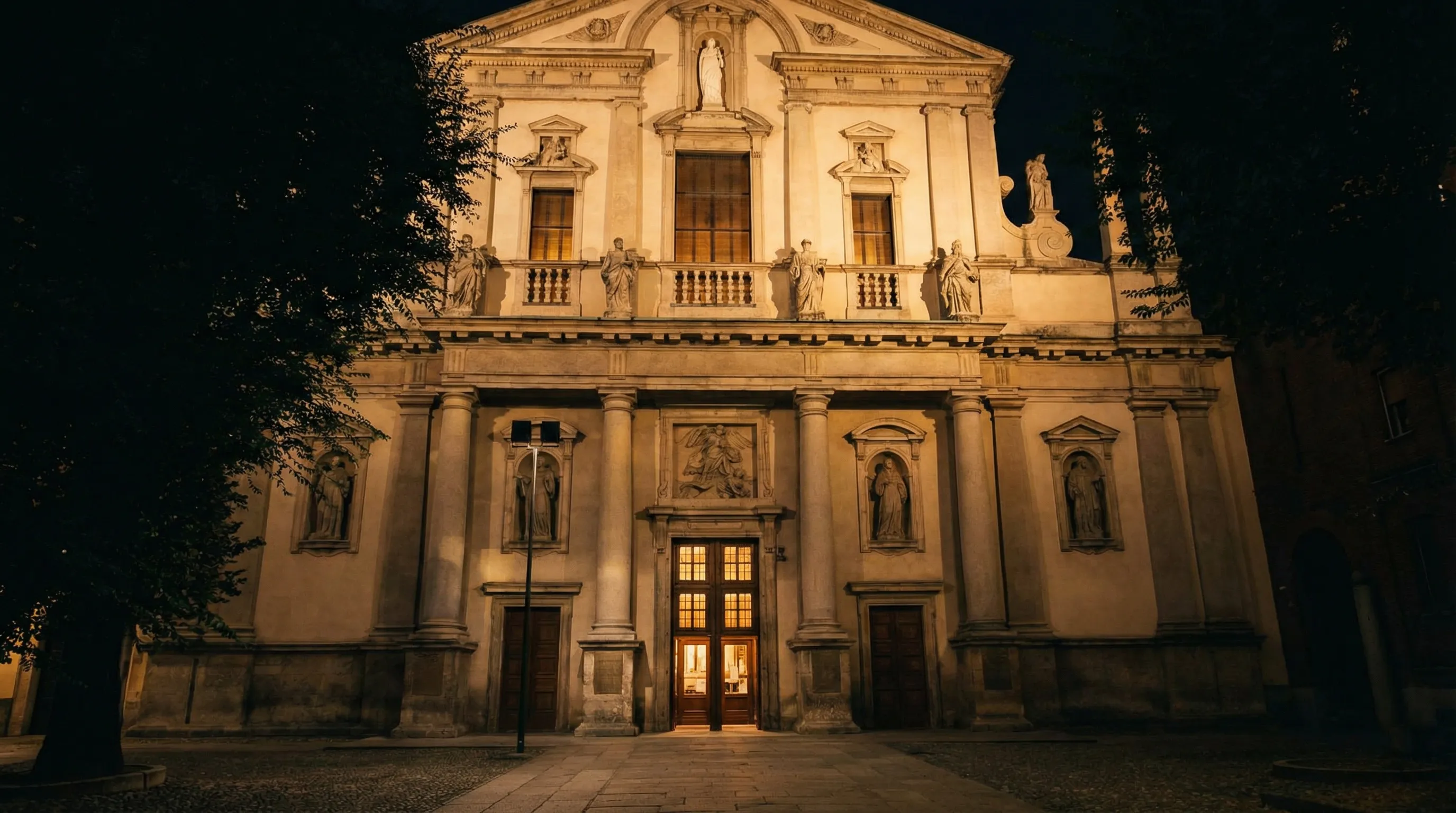Church facade at night