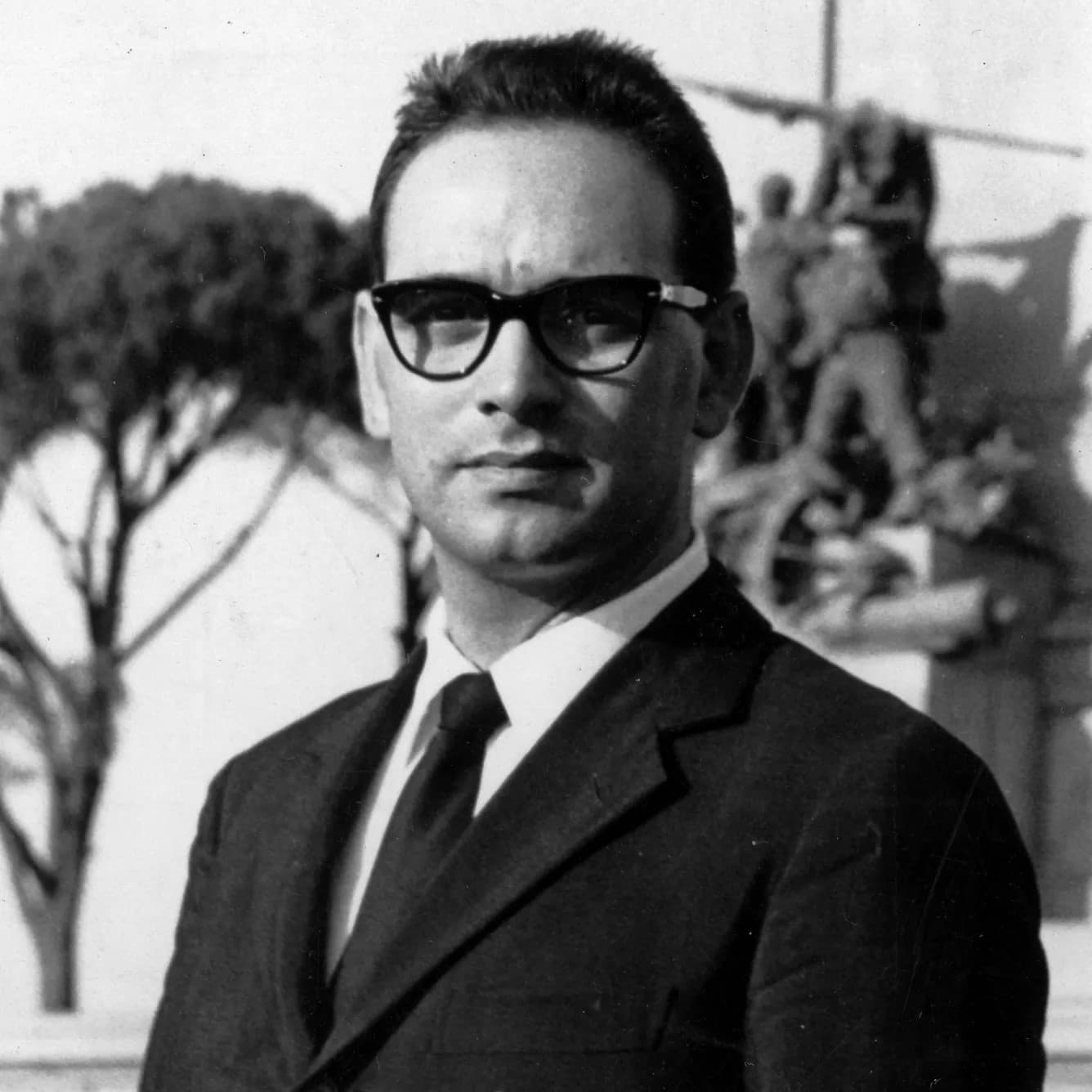 Black and white portrait of the composer Ennio Morricone