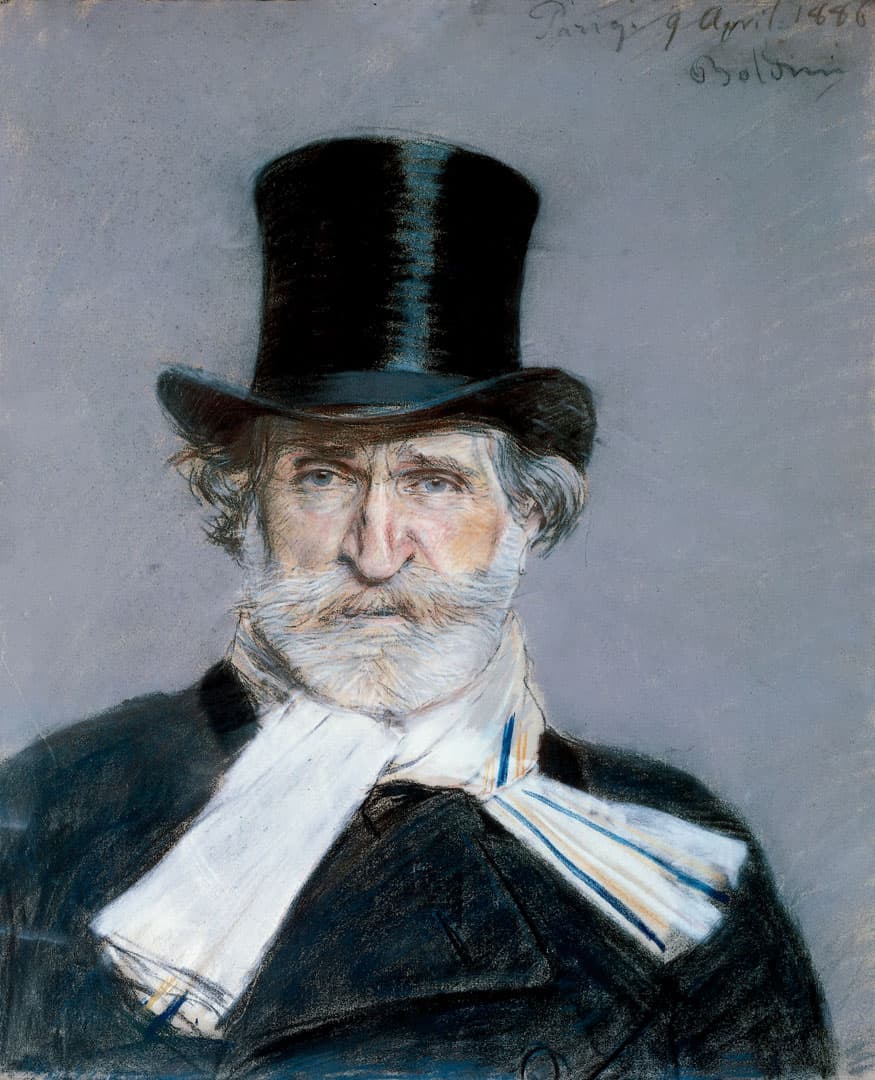 Black and white portrait of the composer Giuseppe Verdi